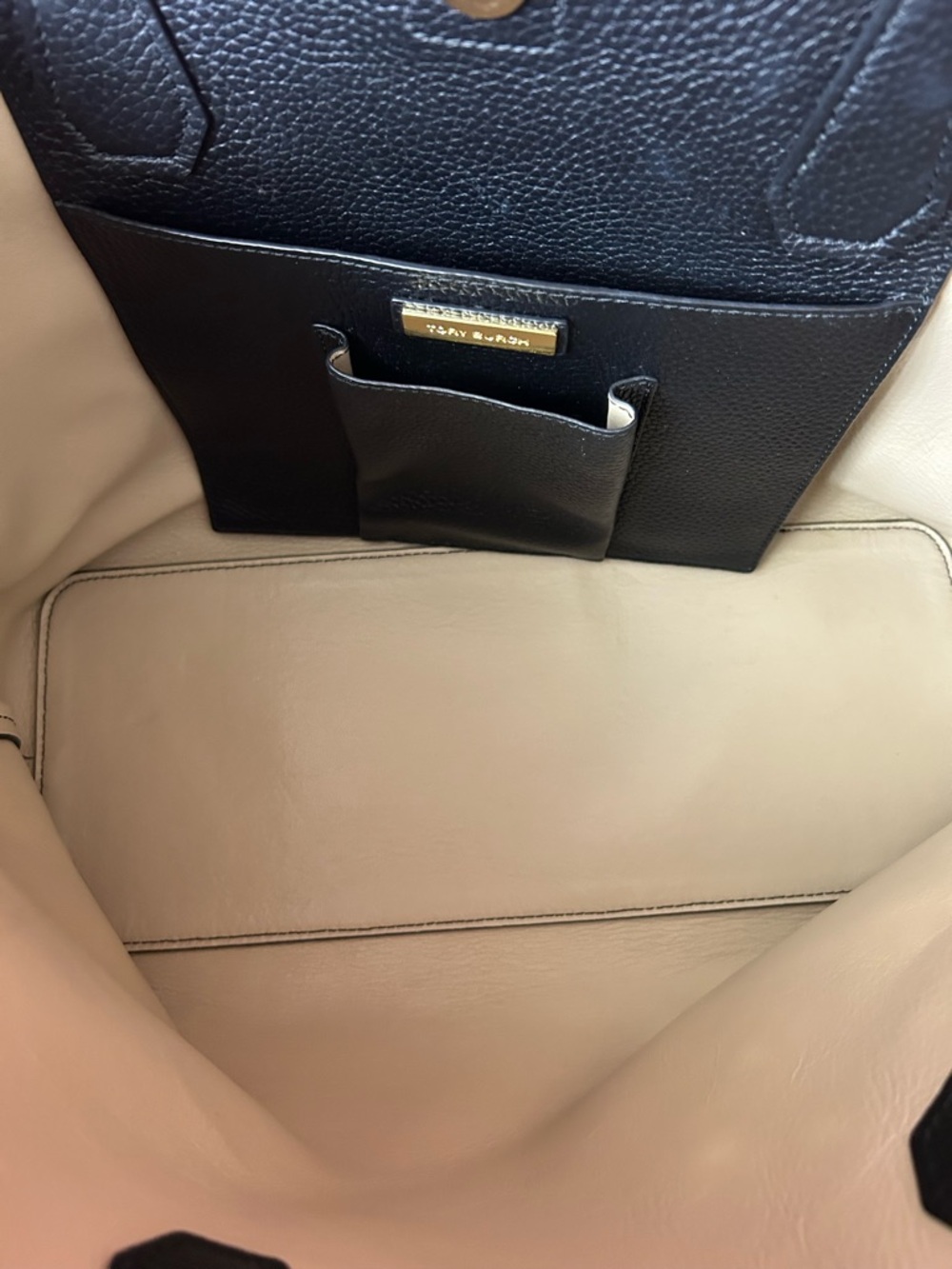 Tory Burch Black Pebbled Leather Tote with Gold Logo - Picture 10 of 14